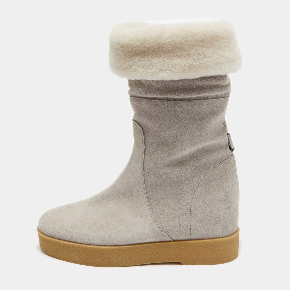 Salvatore Ferragamo Falcon Grey Suede and Shearling Wedge Boots, size 8.5